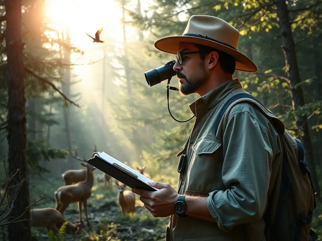 A wildlife ranger patrolling a forest area, representing the anti-poaching initiatives of SYNDICAT DE CHASSE DE RIANS.