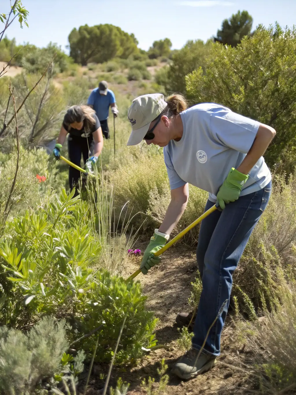 A picture of SYNDICAT DE CHASSE DE RIANS members removing invasive plant species from a protected area to promote the growth of native flora and fauna.