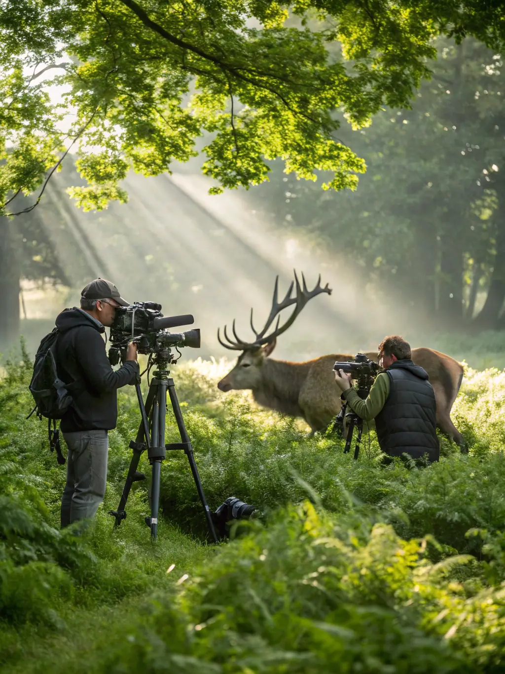 A photograph showing a wildlife monitoring team using binoculars to observe deer in their natural habitat, illustrating the organization's commitment to wildlife protection.