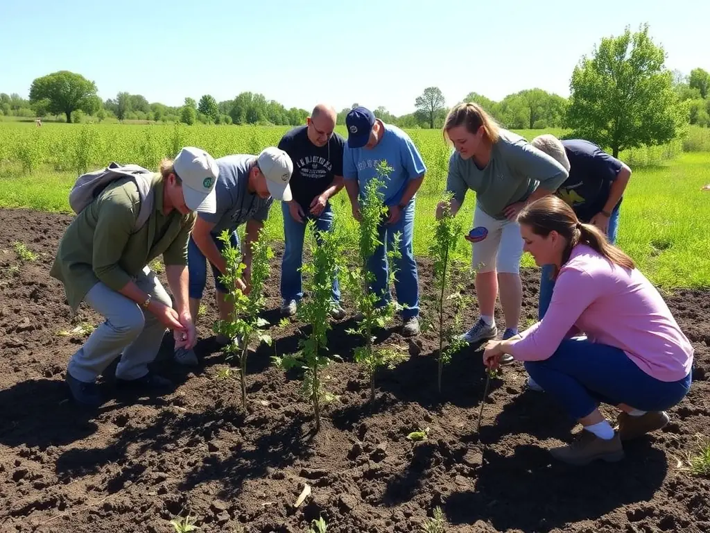 A group of volunteers planting trees in a deforested area, symbolizing habitat restoration efforts by SYNDICAT DE CHASSE DE RIANS.