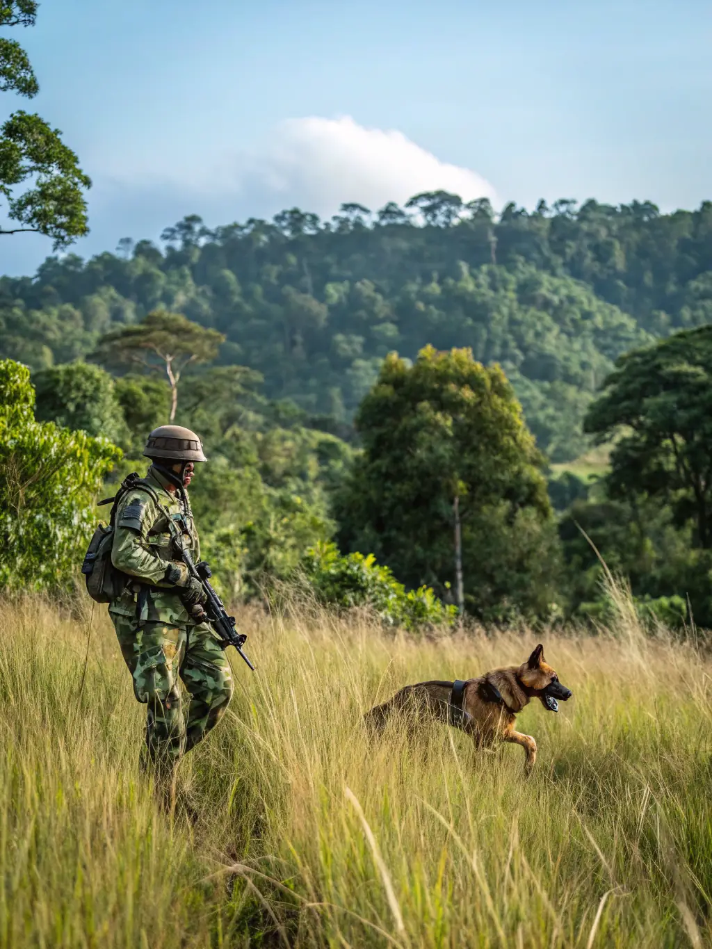 A photograph of SYNDICAT DE CHASSE DE RIANS members patrolling a forest area, demonstrating their efforts to prevent poaching and protect wildlife.