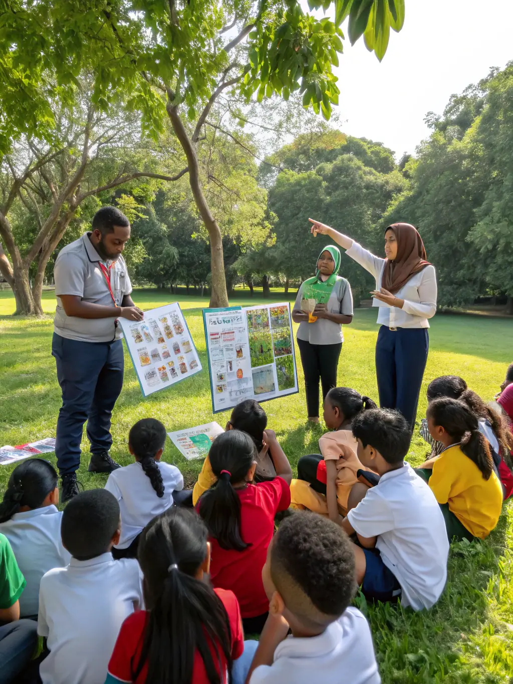 A photo of a community workshop where members of SYNDICAT DE CHASSE DE RIANS are teaching local children about wildlife conservation and responsible hunting practices.