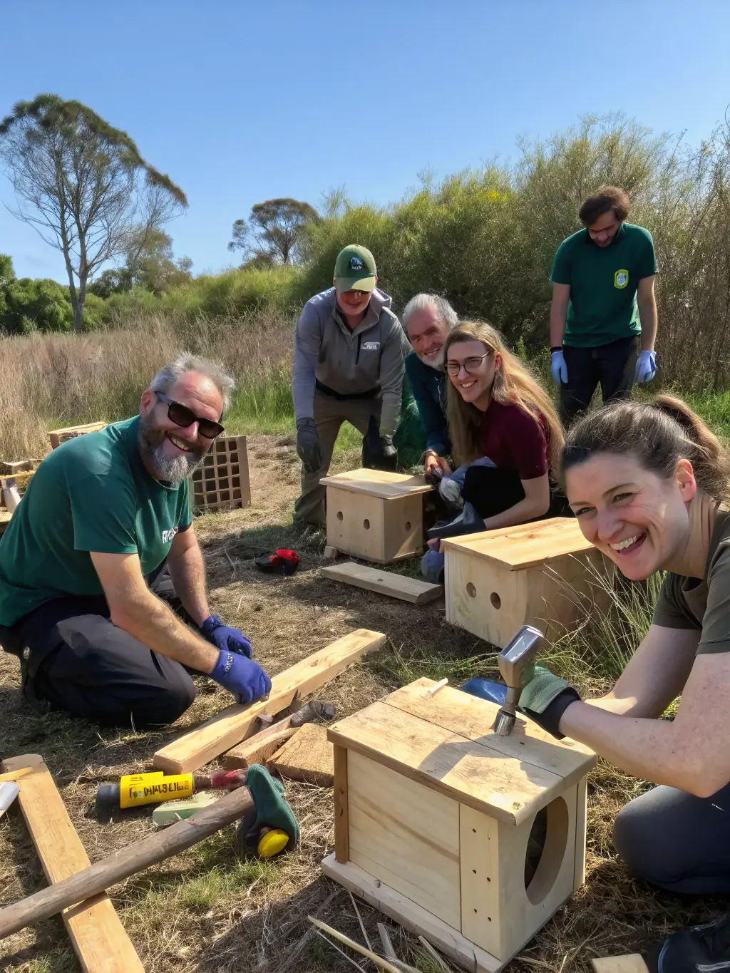 A photograph depicting volunteers constructing a bird nesting box in a forest clearing, showcasing habitat restoration efforts by SYNDICAT DE CHASSE DE RIANS.