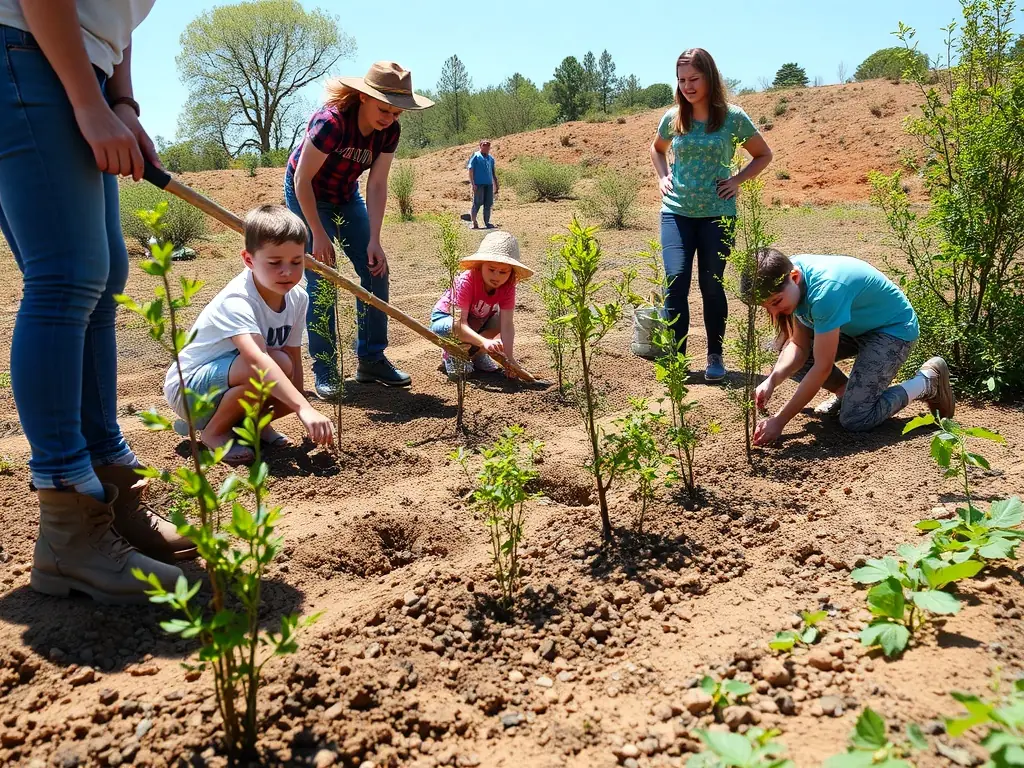 A high-quality photograph of volunteers planting native trees and shrubs to restore a degraded habitat, illustrating the organization's hands-on approach to environmental improvement.
