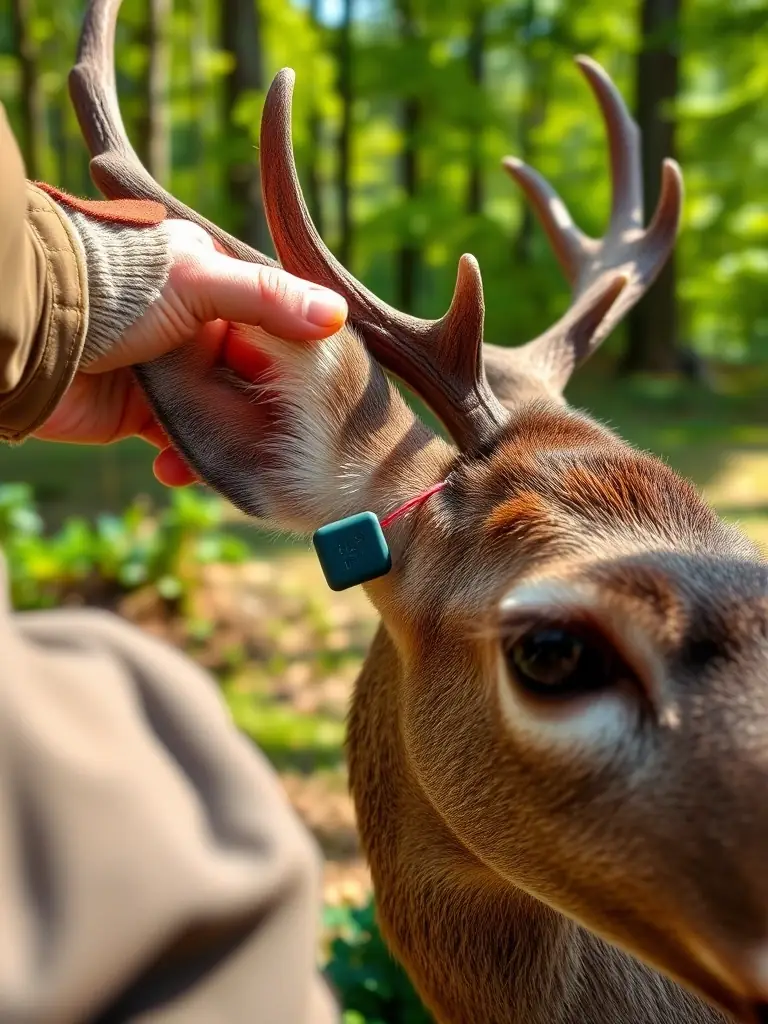 An image showing a wildlife biologist monitoring a deer population using tracking equipment in a natural reserve managed by SYNDICAT DE CHASSE DE RIANS.