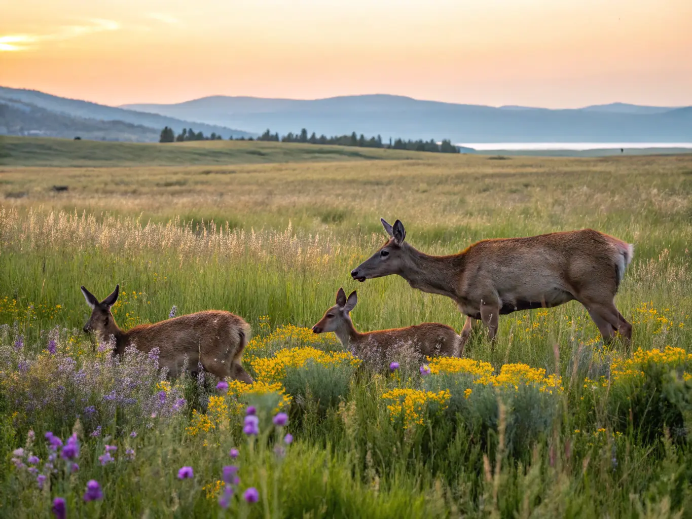 A vibrant image showing a healthy deer population grazing in a protected meadow, symbolizing the success of SYNDICAT DE CHASSE DE RIANS's conservation efforts.