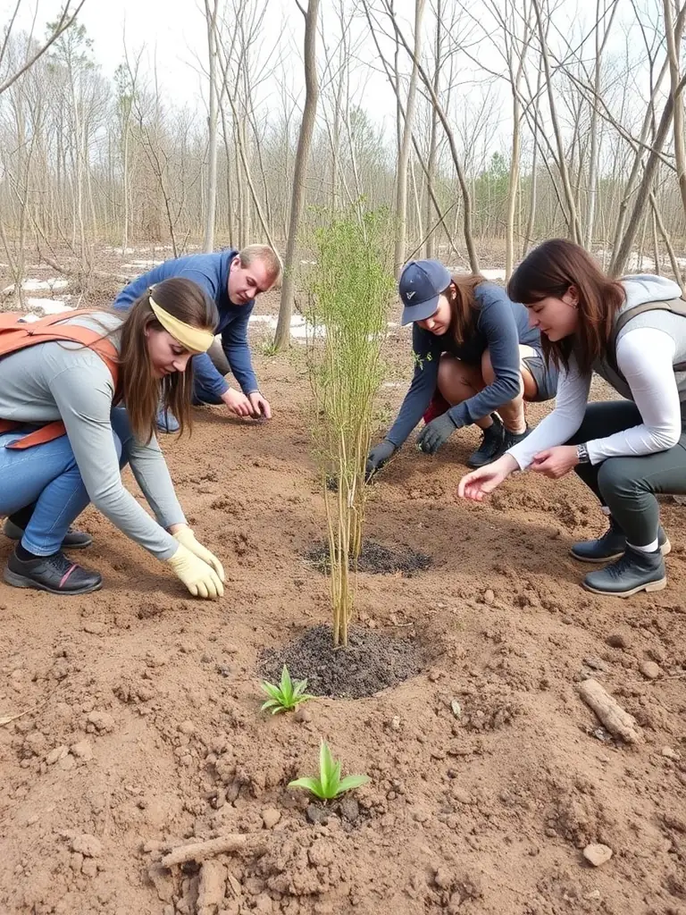 A group of volunteers planting trees in a deforested area, symbolizing the organization's commitment to habitat restoration and environmental stewardship.