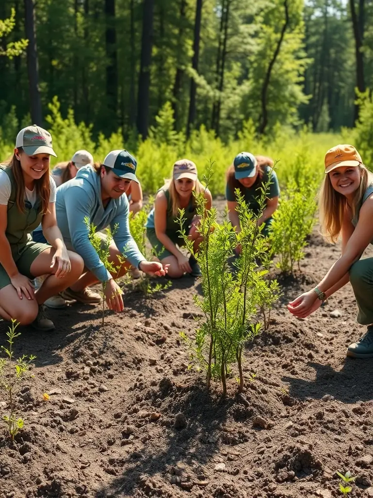 A photograph depicting a group of volunteers planting trees in a deforested area, symbolizing habitat restoration efforts by SYNDICAT DE CHASSE DE RIANS.
