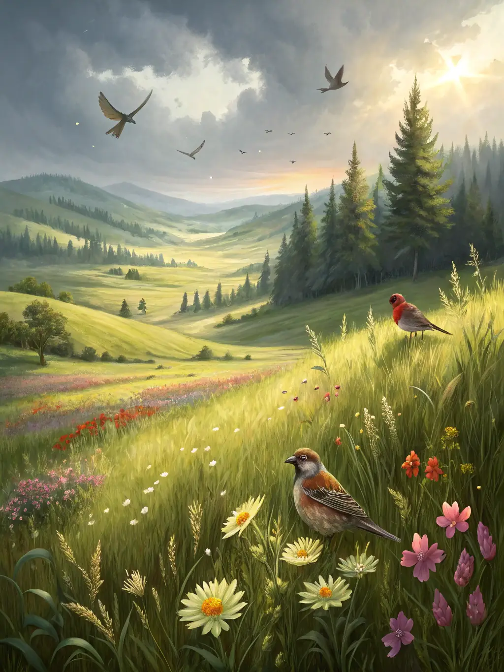 A vibrant image of a protected natural habitat with diverse wildlife thriving in their environment, showcasing the success of the Wildlife Conservation Programs.